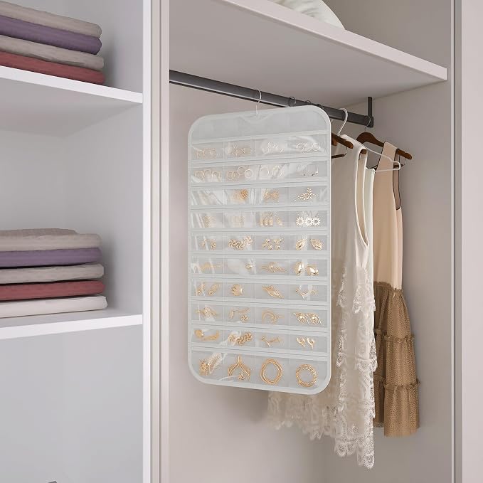 Hanging Jewelry Organizer 80-Pocket Double-Sided, 2-Pack, White and Beige | Foldable clear PVC 80-pocket storage; swivel hook fits walls, doors & rods to organize earrings, necklaces, bracelets & rings
