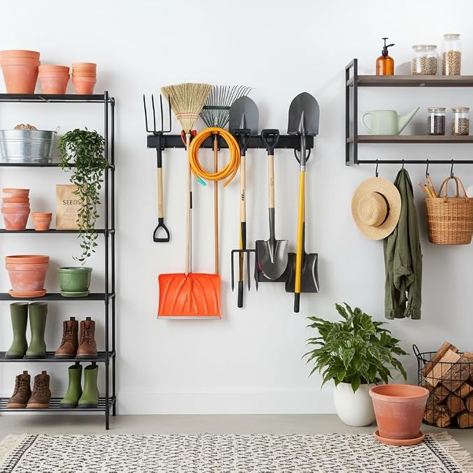 Aking Ace 96-Inch Heavy Duty Wall Mount Garden Tool Organizer for Garage | Adjustable hangers perfect for shovels, rakes, and Garage Tools, Heavy-duty rack holds 700lbs. Ideal for shed organization