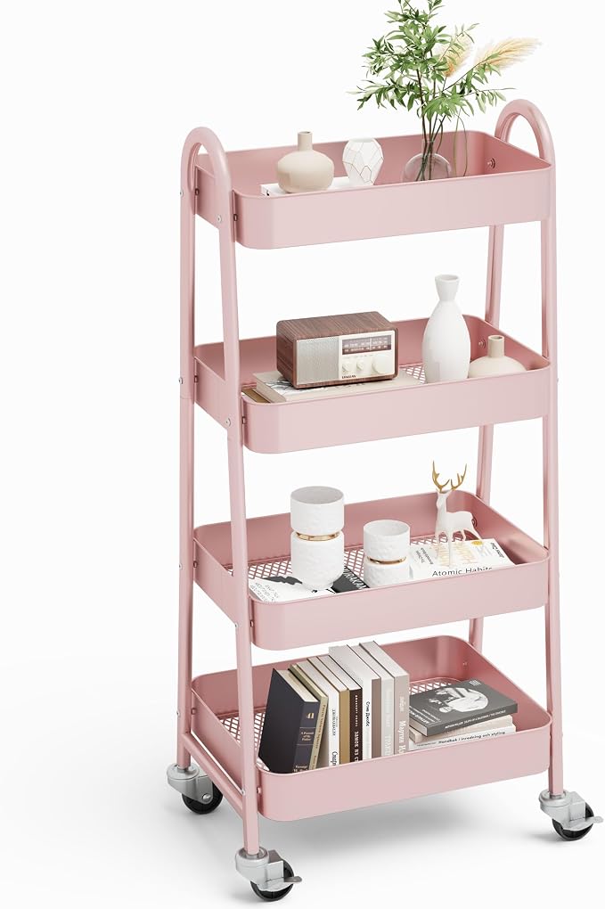 NEWBULIG 4-Tier Metal Rolling Storage Cart, Heavy Duty Mobile Utility Organizer Shelf with Lockable Wheels, Multifunctional Trolley for Daily Supplies, Home Indoor Daily Use, Pink