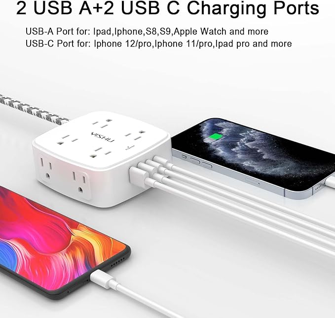Surge Protector Power Strip - YISHU 8 Outlets with 4 USB (2 USB C) Charging Ports, 10Ft Braided Extension Cord, Flat Plug Multi Plug Outlet Extender Charging Station for Home Office, ETL, White