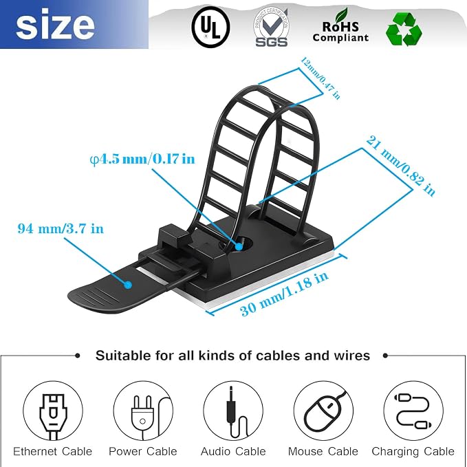 Adjustable adhesive cable management clips 50Pcs, large self adhesive cable ties clips ，Suitable for cable management under desks and on walls(Black)