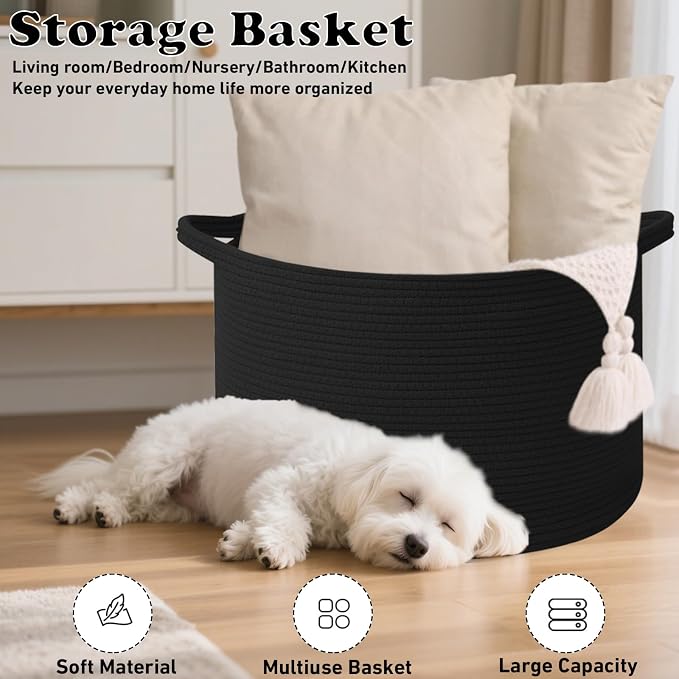 115L Extra Large Blanket Basket,Woven Rope Laundry Basket Hamper with Handles, Decorative Nursery Basket Storage Bin for Toys, Clothes Organizer, Living Room, Bedroom, Bathroom, Black