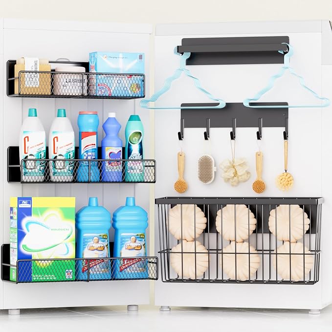 6 Pack Magnetic Shelves for Washing Machine, Magnetic Spice Rack Organizer for Refrigerator, Magnetic Shelf with Hanger Organizer, Metal Magnetic Basket, Laundry Organization and Storage, Black
