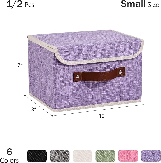 2PCS Storage Bins Box with Lids Decorative Cotton Linen Fabric Baskets Cubes with Handles PP Plastic Board Foldable Washable Lidded Clothing Shelf Closet Organizer Container (Purple, Small)
