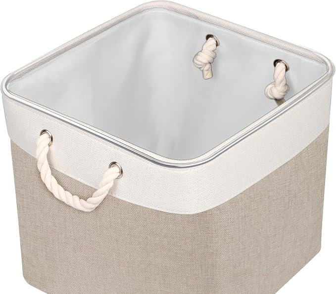 Univivi Fabric Storage Cubes with Rope Handles, White Beige, 4 Pack | 12x12 Inch Hard Bottom Cube Storage Bins, Foldable Cube Storage Organizer for Home Closet Shelf