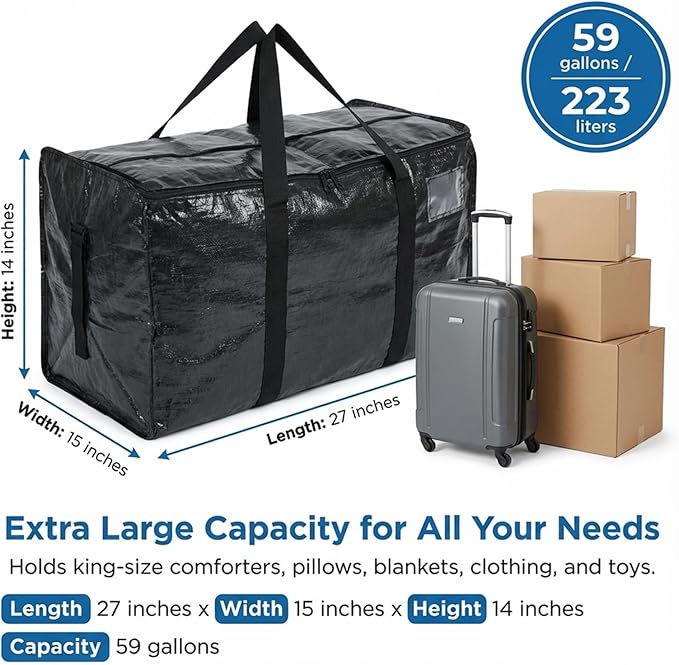 2 Pack Jumbo Packing Bags,58 Gallon Heavy Duty Extra Large Moving Bag, L 27*w 15*h 14inch Reusable Movings Bags Extra Large Moving Bag with Handles for College Movings Space-Saving, Shipping