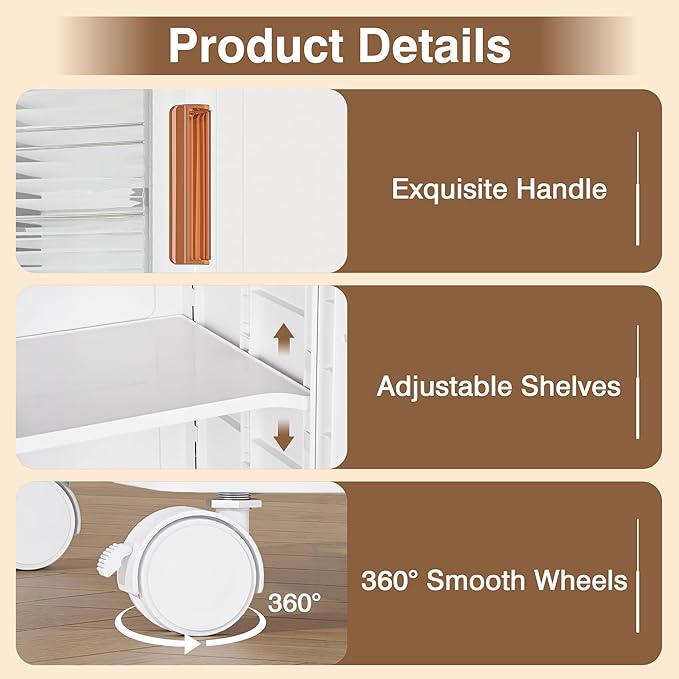 VECELO 2-Tier Stackable Storage Bins with Lids, Collapsible Bins with Drawer and Movable Wheels, Adjustable Shelves, Anti-Tip, for Bedroom, Living Room, Kitchen, White