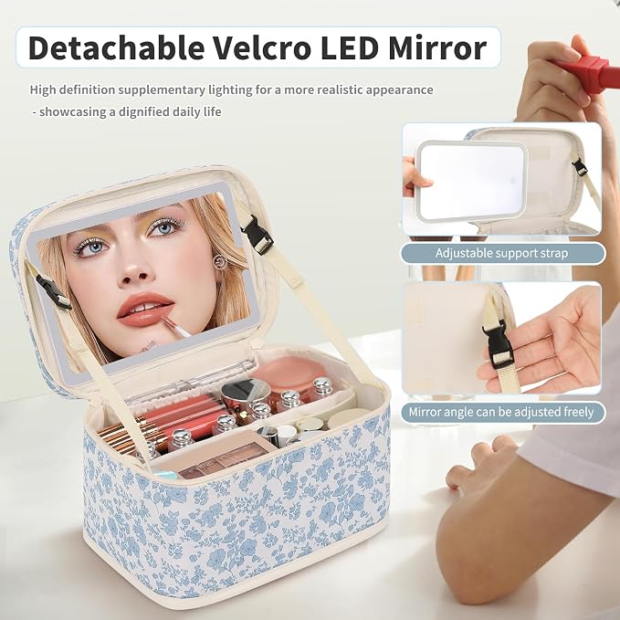 OCHEAL Makeup Bag With LED Mirror, Travel Makeup Bag With 3 Color Setting Light Up Mirror Cosmetic Organizer Vanity Case for Women Beauty Tools Accessories Rechargeable Makeup Travel Bag-Black