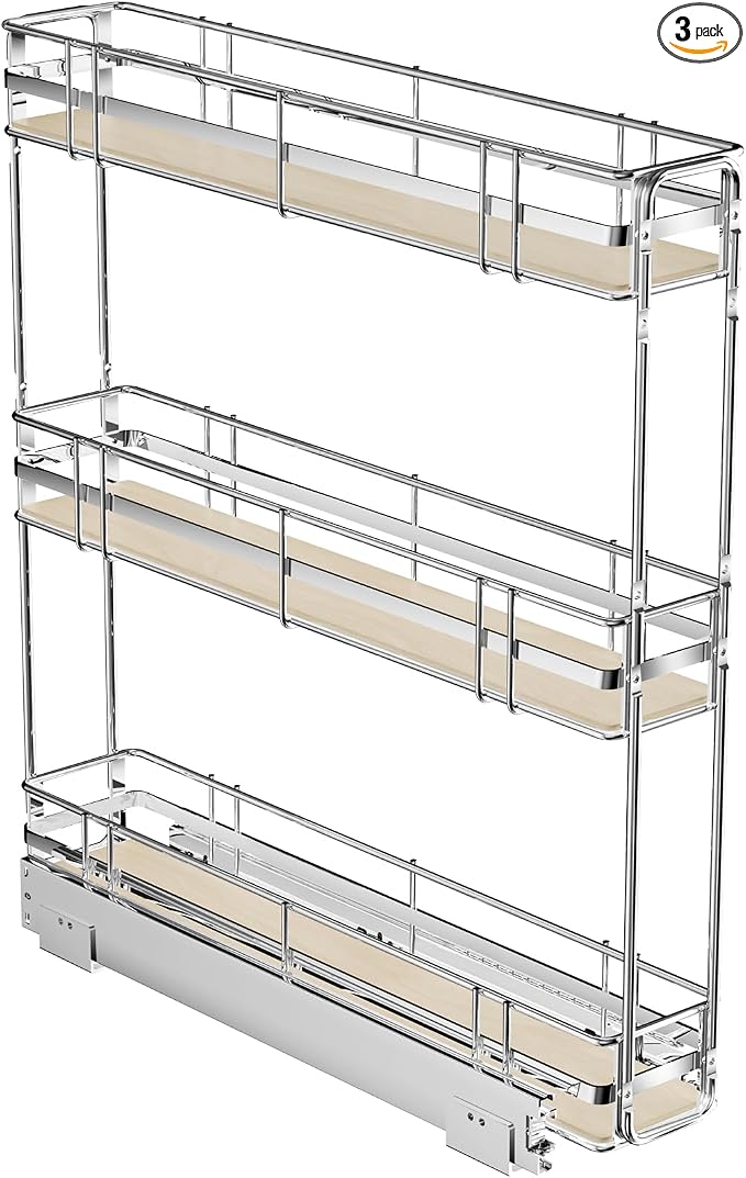 ROOMTEC 3-Tier Pull Out Cabinet Organizer Spice Rack for Narrow Cabinet 5" W x 20½" D, Slide Out Wood Shelves Storage for Kitchen