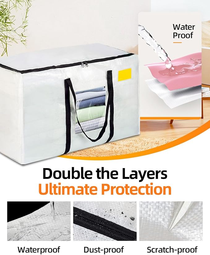 Extra Large Moving Bags, 4 Pack Heavy Duty Storage Bags Boxes Bins Totes with Hnadles Zippers Visible Window for Clothes College Dorm Travel, Clear