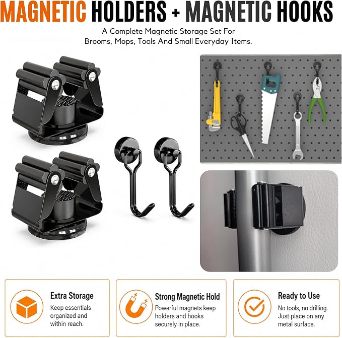 3-H Magnetic Broom Holder 4pcs, Stainless Steel No Drill Mop Holder Wall Mount with 2 Mini Magnetic Hooks, Movable Magnet Tool Organizer for Garage Laundry Kitchen Garden RV,Black