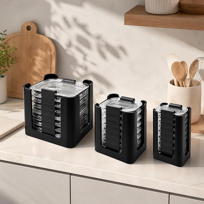 Food Container Lid Organizer for Rubbermaid Brilliance – 3-Piece Set, Holds Up to 24 Lids (Fits 4.7, 3.2, 1.3 & 0.5 Cup Containers), Snap-On Lid Storage for Kitchen Cabinet, Black