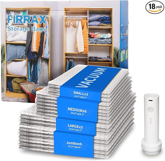 18 Pack Vacuum Storage Bags with Rechargeable Electric Air Pump (6J+3L+6M+3S), Space Saver Vacuum Sealer Bags for Clothing, Blankets, Bedding, Comforters and Pillows