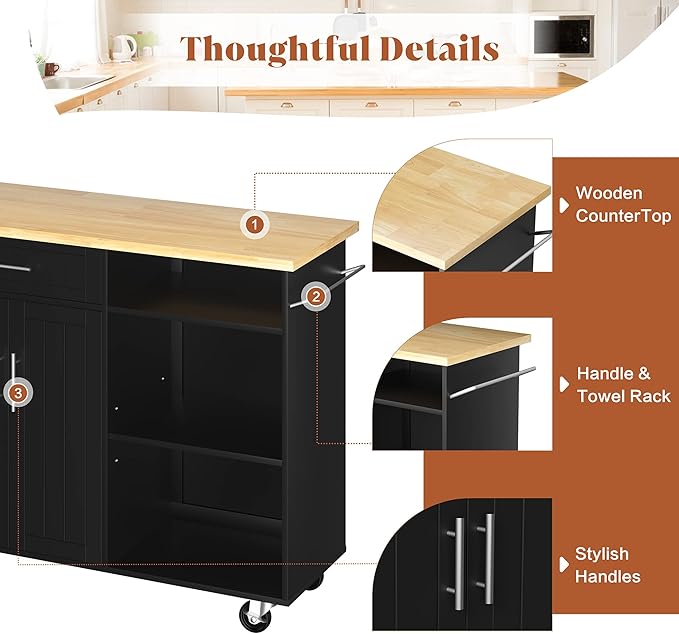 SUNLEI Kitchen Island Cart on Wheels with Storage Cabinet & Drawer, 42" Multifunction Kitchen Cart Cabinet with Shelves, Cart Handle for Towel Rack or Free Mobility,Black