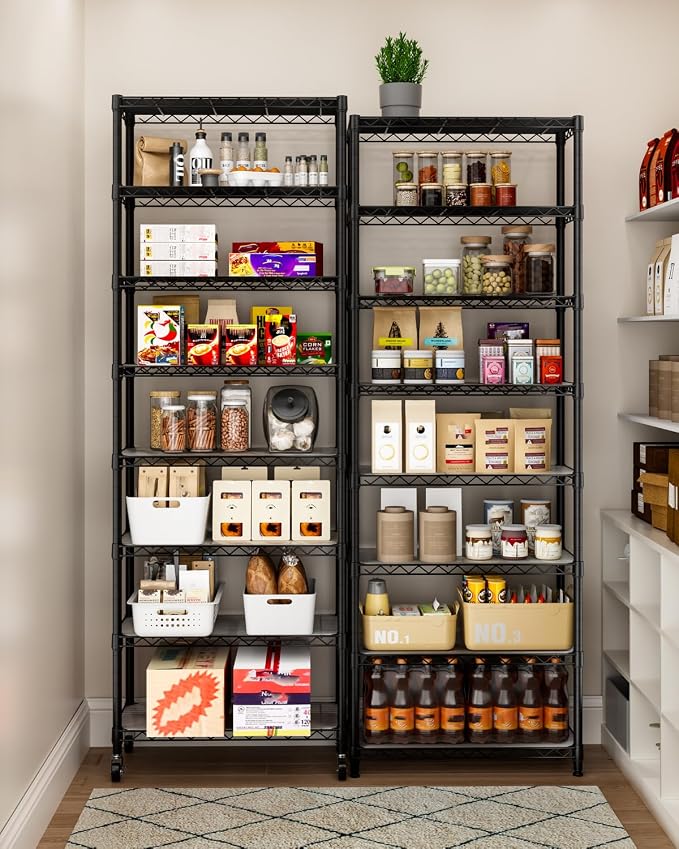 Golpart Shelves Storage Shelf Wire Closet Bathroom Organizers Metal Pantry | 8 tier Kitchen Garage Shelving Unit Laundry Room Organization Home Rack Net Basket Black with Wheels 11.7”D X 22”W X 74.2”H