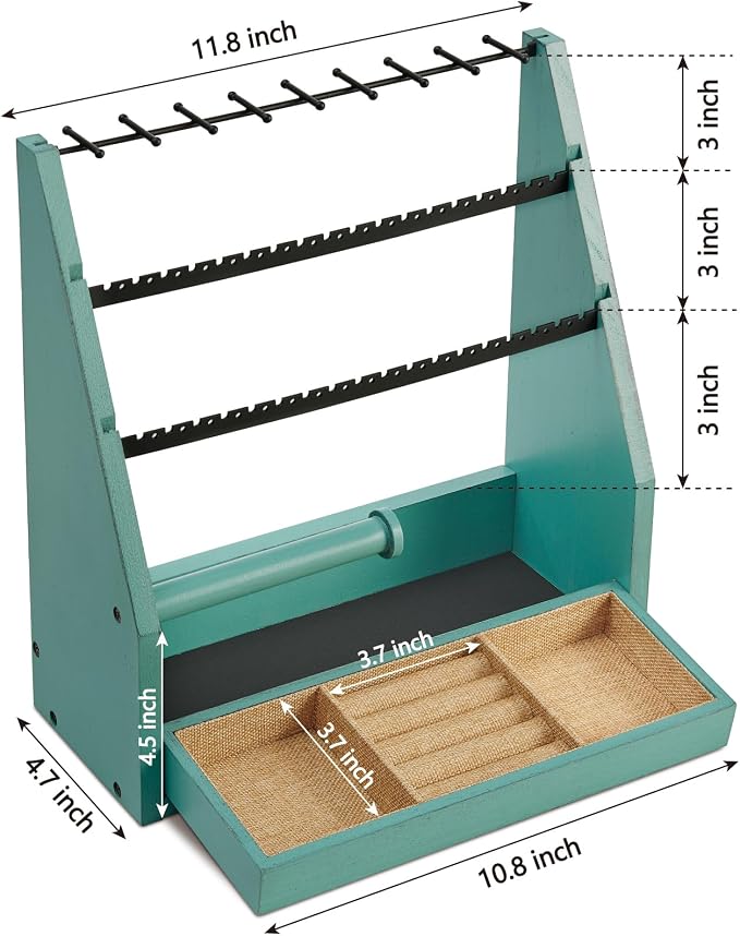 DGWJSU Jewelry Organizer Stand, 5 Layer Earring Holder Organizer with Necklace Holder, Rustic Wood Earring Organizer Display for Stud Earring Bracelet Necklace Ring, Watches