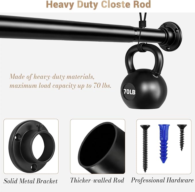 Closet Rod Adjustable 17 to 38 Inch, 1-1/4” Diameter, Closet Rods for Hanging Clothes, Stepless Metal Heavy Duty Hanging Rod for Closet Wardrobes Laundry RV (Black)