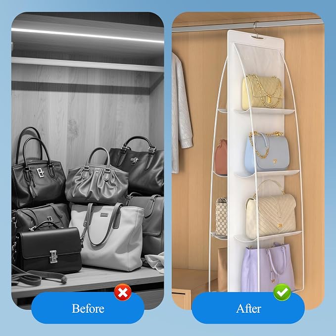 2 Packs 8 Pockets White Handbag Hanging Purse Organizer for Closet, Purse Storage, Purse Hanger and Handbag Organizer for Space Saving