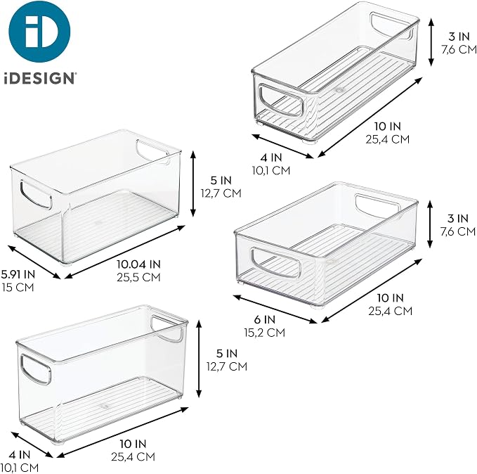 iDesign Stackable Storage Bins, 4 Different Sizes, 4 Pack, Clear | For Kitchen or Pantry, Made in USA