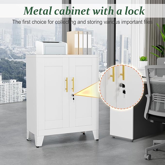 White Metal Storage Cabinet, 36" Tall Locking Storage Cabinet with 2 Adjustable Shelves, Steel Locker Organizer, for Office, Home, School, 2PS