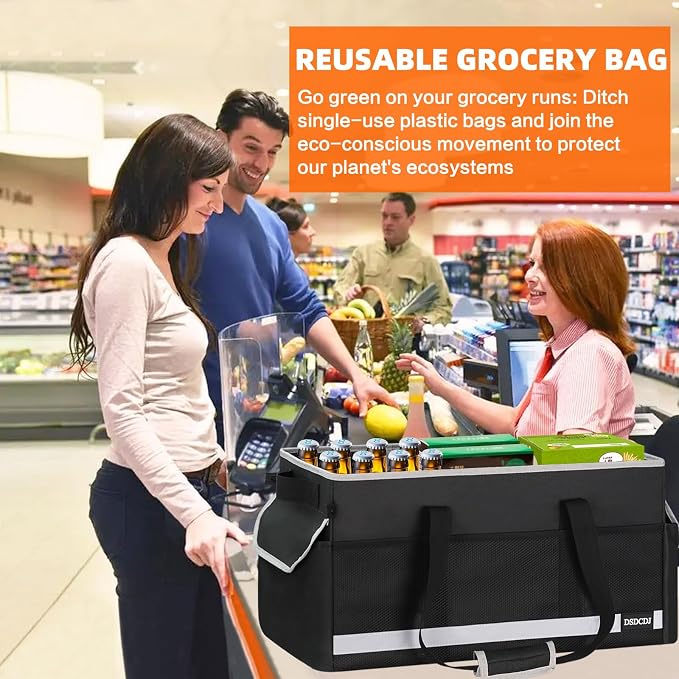 Upgrade Extra Large Utility Tote Bag with Reflective Strip, Standing Reusable Grocery Bags with Hard Bottom & 4 Sided Reinforced, Collapsible Utility Tote with Handles for Shopping, Beach, Car | Upgrade