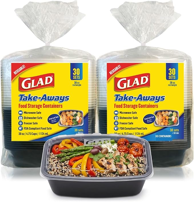 Glad Take-Aways 60-Pack Snap-Seal, Dishwasher and Freezer Safe, Reusable Food Storage Bento Box, Meal Prep Containers, Made in North America (38 oz, BPA Free)