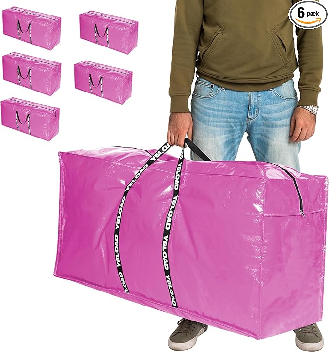 66 Gallon Extra Large Storage Bags 6 Pack – Pink XXL Heavy Duty Waterproof Moving Tote Bags for College Dorm, Travel, Clothes & Bedding Foldable Zippered Duffle with Handles