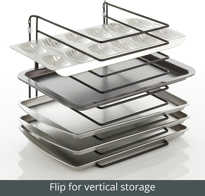 mDesign Large Metal Wire Organizer Rack for Kitchen Cabinet, Pantry, Shelves - Holder with 8 Slots for Baking Sheets, Skillets, Frying Pans, Pots, Lids, Cutting Boards, and Appliances - Black