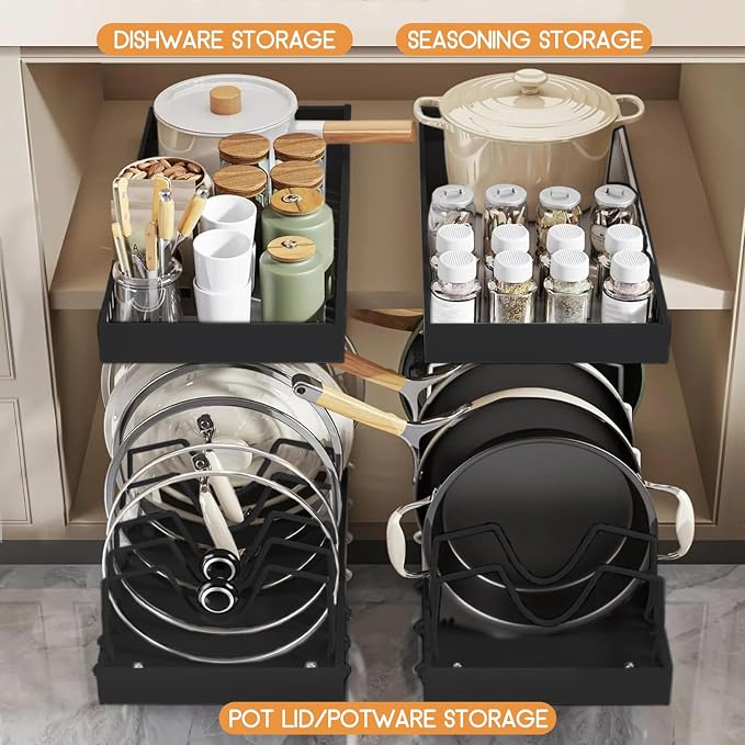 XIAPIA 2 Pack Pull Out Pots and Pans Organizer Under Kitchen Cabinet | Pot Lid Organizer, Slide Out Cookware Storage Rack with 8 Adjustable Dividers, Pull Out Shelves for Dishware Seasoning, Black