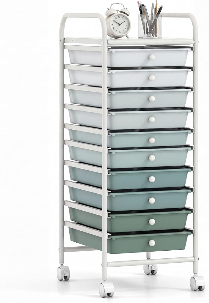 COSTWAY 10-Drawer Rolling Storage Cart, Utility Mobile Trolley | Removable Drawers & Universal Casters & 2 Brakes, Versatile Flexible Drawer Organizer Cart for Home, Office (Green Gradient)