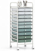 COSTWAY 10-Drawer Rolling Storage Cart, Utility Mobile Trolley | Removable Drawers & Universal Casters & 2 Brakes, Versatile Flexible Drawer Organizer Cart for Home, Office (Green Gradient)