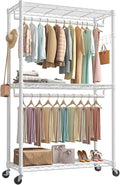 OLIXIS Clothes Rack Heavy Duty Adjustable Garment Clothing Rack with Wheels, Rolling Metal Freestanding Closet Organizer for Hanging Clothes with 2 Side Hooks, Double Rods, 47"x17"x80", White