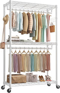 NEWBULIG Heavy Duty Clothing Rack with Wheels, 3-Tier Adjustable Wire Garment Rack, Metal Freestanding Closet Organizer System with Double Hanging Rods & 8 Side Hooks, 47"x17"x80", White