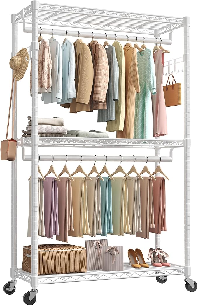 NEWBULIG Heavy Duty Clothing Rack with Wheels, 3-Tier Adjustable Wire Garment Rack, Metal Freestanding Closet Organizer System with Double Hanging Rods & 8 Side Hooks, 47"x17"x80", White