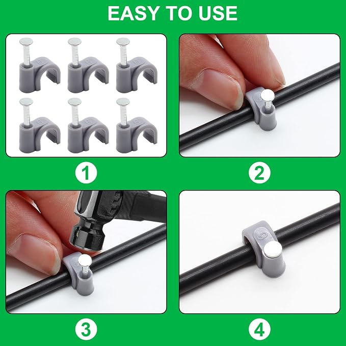 1/4" / 6mm Half Clamp J-Hook Cable Clips with Nail, Gray, 100pcs | Nail in Cable Clips, Ethernet Cable Nails Tacks Clips