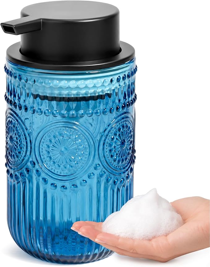 Glass Foaming Hand Soap Dispenser, 13.8 oz Kitchen Dish Soap Dispenser with Black Foam Pump,Blue Foam Soap Dispenser for Bathroom Decor