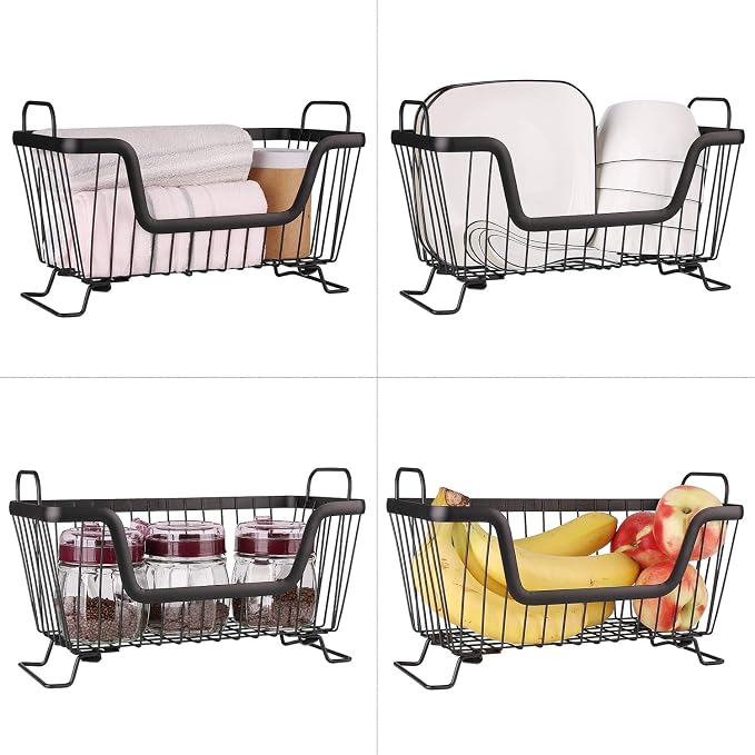 LOTTS Stackable Wire Basket, Metal Pantry Basket, Storage Organizer Bin with Handles, Fruit Basket for Kitchen Cabinets, Pantry, Closets, Bedrooms, Bathrooms (12.66.57.6") - 3 Pack