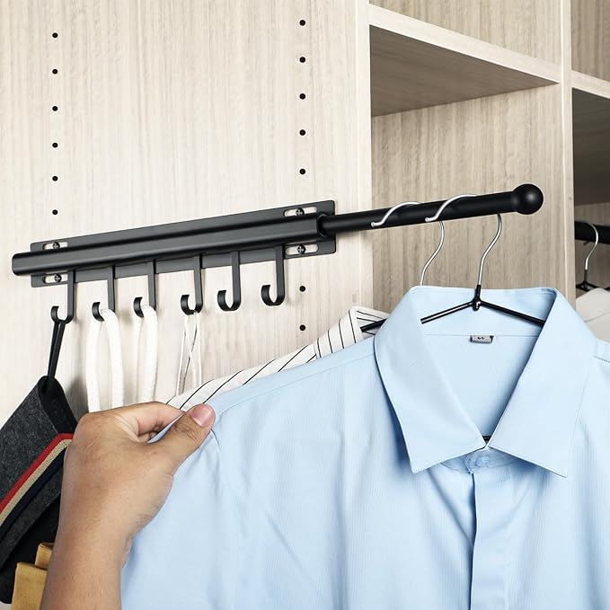 BaiNong Valet Rod for Closets Pull Out 16.5" Black with 6 Hooks | Closet Valet Rod Slide Out for Closets, Laundry Rooms, RVs Space-Saving