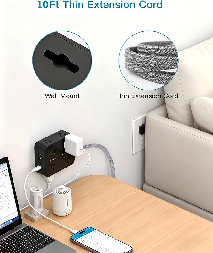 HANYCONY Surge Protector Power Strip 10 Ft, Flat Plug Extension Cord with 8 Outlets and 4 USB Ports(2 USB C), Wall Mount Outlet Extender Charging Station for Home Office Desk