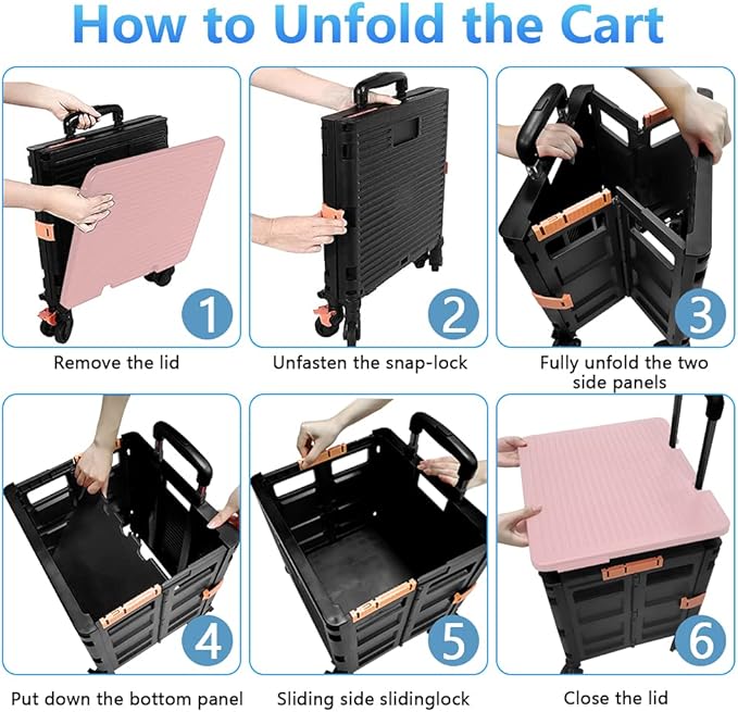 Quick Utility Cart Folding Portable Rolling Crate Handcart with Durable Heavy Duty Plastic Telescoping Handle Collapsible 4 Rotate Wheels for Travel Shopping Moving Luggage Office Use (black&pink lid)