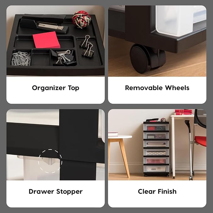 IRIS USA 2 Pack 6-Drawer Plastic Storage Rolling Organizer Cart with Caster Wheels for Laundry Room, Bathroom, or Closet Dresser Storage, Black/Clear