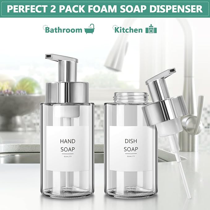 RYTOXILO Glass Soap Dispenser, 10 oz/300ml Foaming Soap Dispenser, 2 Pack Foaming Hand Dispenser for Bathroom & Kitchen, Clear Refillable Foam Soap Bottle with Silver Pump