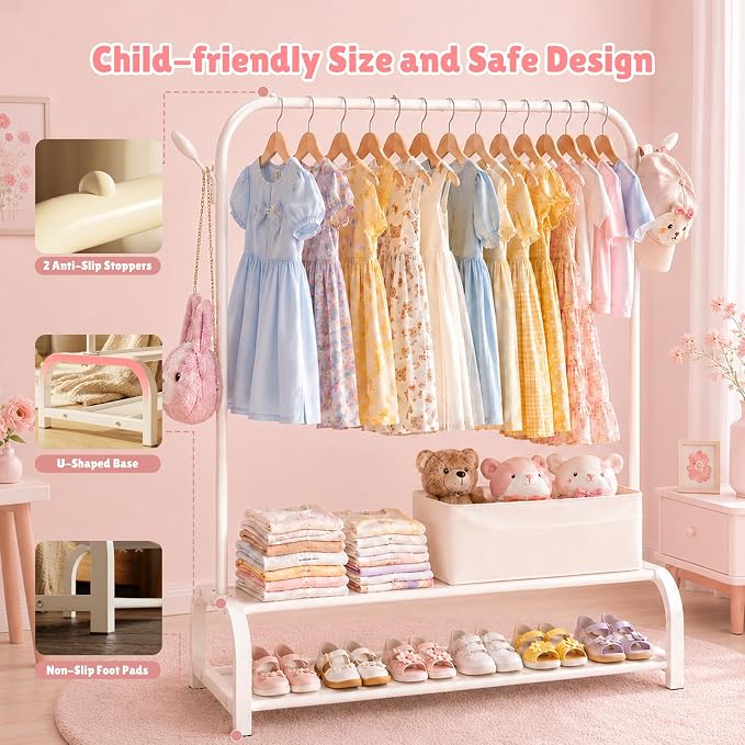 Kids Clothing Rack with 2 Fabric Storage Shelves & Hooks, Portable Kids Clothes Rack for Coats Skirts, Small Toddler Hanging Clothes Organizer, Kids Closet Storage Unit, Off White