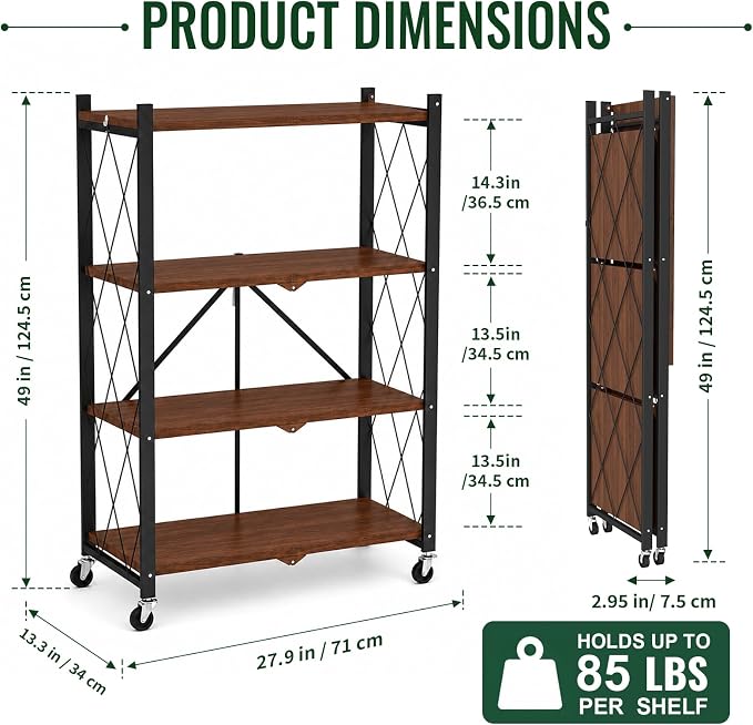 black leopard 4-Tier Foldable Shelf with Wheels, Wood-Grain Steel Shelves | Pre-assembled frame unfolds in seconds with tool-free wheel setup for fast, convenient use