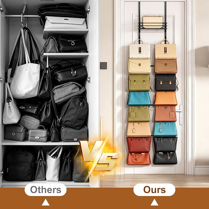 Over The Door Purse Organizer - Wall Mounted Handbag Organizer with 16 Hooks and Metal Basket,Purse Rack for Closet,Bag Rack, Handbag Rack and Hanging Purse Storage for Door,Closet