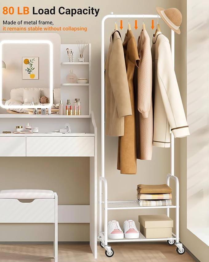 AOODA Small Clothes Rack with Shelves, Metal Sturdy Rolling Clothing Racks for Hanging Clothes, Portable Garment Rack with Wheels for Shirts, Coats, Shoes, Bags (White)