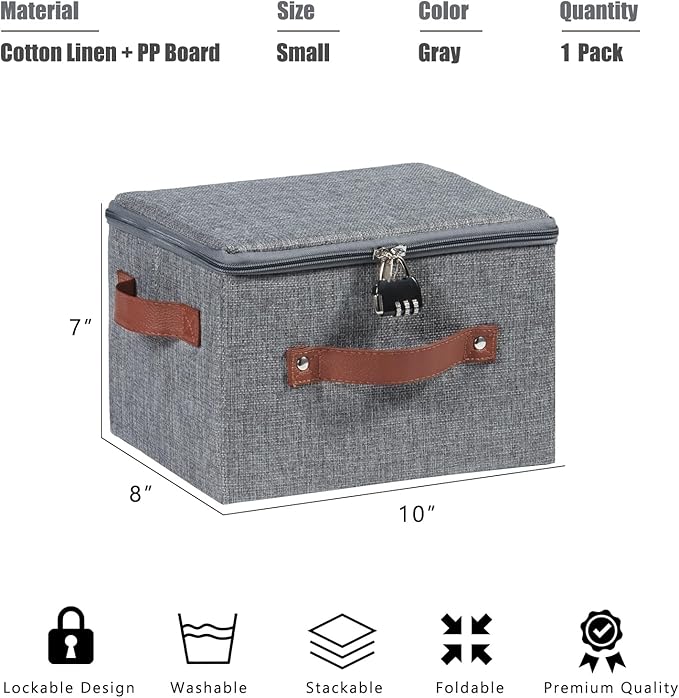 Storage Bin Box with Zipper Lid Combination Lock Cotton Linen Fabric Lidded Lockable Baskets PU Leather Handles Collapsible Washable Closet Shelf Organizer Container (Gray, Small)