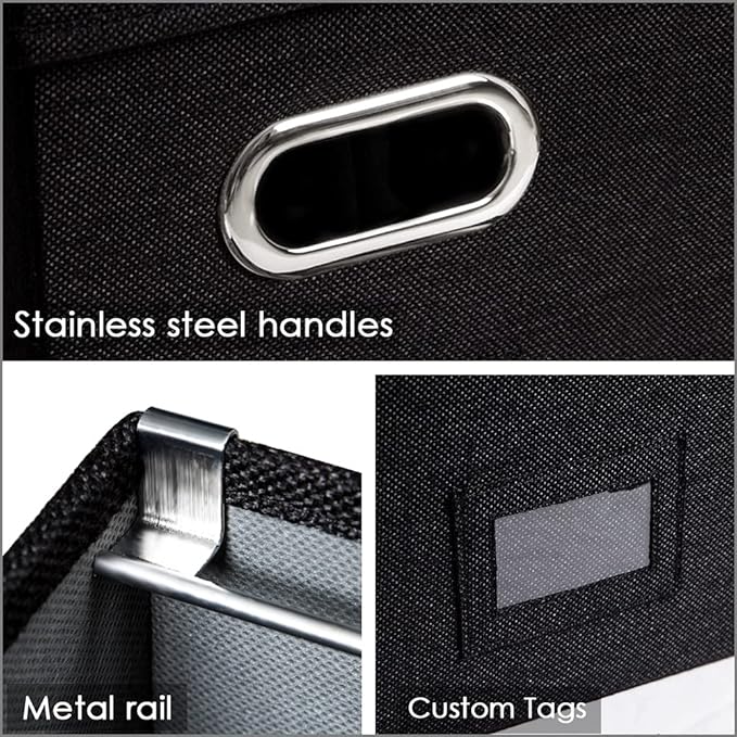 PRANDOM File Organizer Box - Set of 2 Collapsible Decorative Linen Filing Storage Hanging File Folders with Lids Office Cabinet Letter Size Black (14x9.3x10.8 inch)