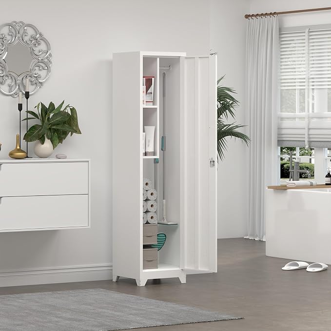 Slim Broom Storage Cabinets, Metal Cabinet with Shelves and Hanging Rod, 15.75" W Utility Storage Cabinet with Locking Door, Slim Cabinet for Small Spaces, Kitchen, Pantry, Office, Shop