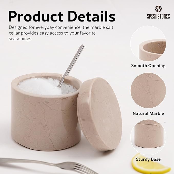 Marble Salt Cellar 3 Inch Beige Table Salt Containers for Countertop - Sugar Bowl With Lid, Salt Holder, Spice Jars, Salt Box for Seasoning Storage Container, Salt Dish for Kitchen Decor